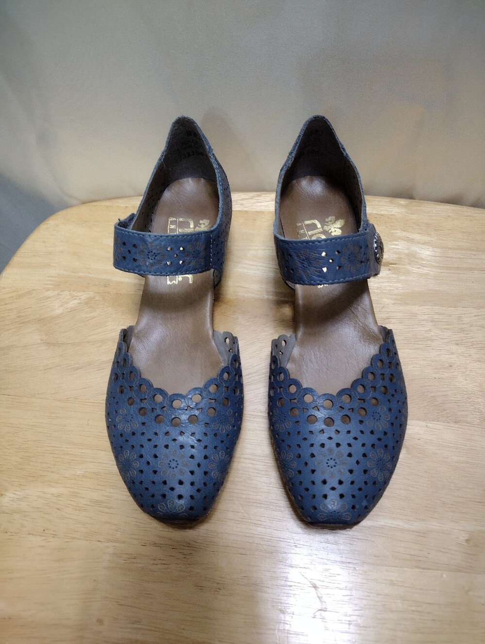 Rieker Blue Laser-Cut Mary Jane Heel with Decorative Button Size 38 US 7-7.5